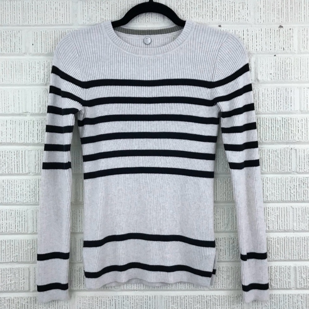 Margaret O'Leary Black & Off White Striped Ribbed Sweater Crew - XS